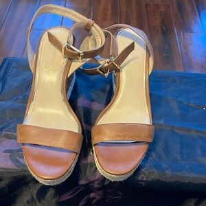 Jessica Simpson Tan and Straw Wedges